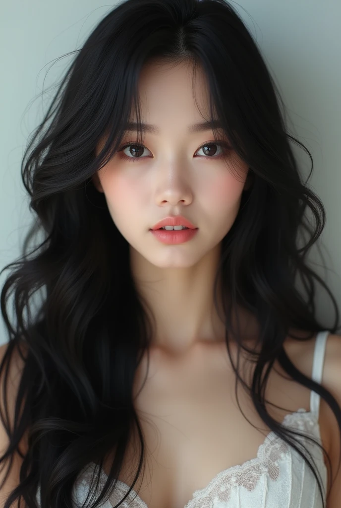a woman with long black hair wearing a white top, ulzzang, detailed long black hair, whitebangsblackhair, black-hair pretty face, long wavy black hair, russian, beautiful black hair, kawaii, barbie in white, wavy black hair, wavy long red-haired hair, beautiful full face