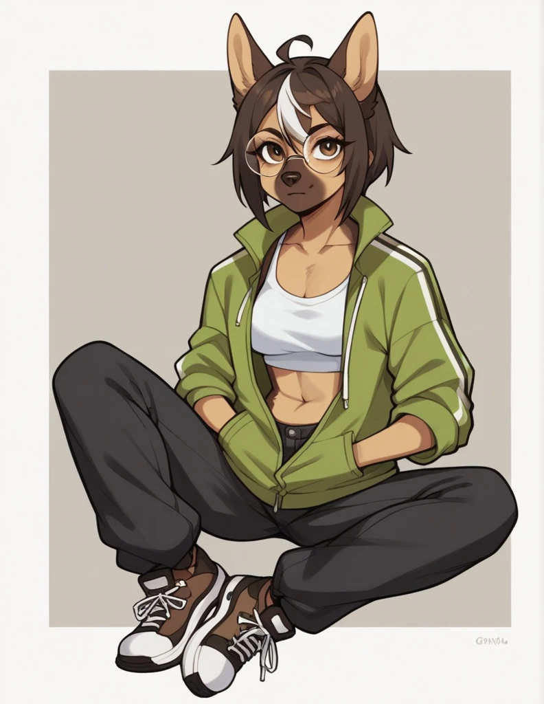 solo, score_9, score_8_up, score_7_up, score_6_up, score_5_up, source_anime, score_4_up, German Shepherd Anthro, Female One, perfectbody, Medium chest, chestnut hair, white streak in bangs, brown dark eyes, cropped preto, elongated fur-lined jacket, baggy pants (black pants), looking at the viewer, round glasses (white glasses), black sneakers (brown sneaker sole)