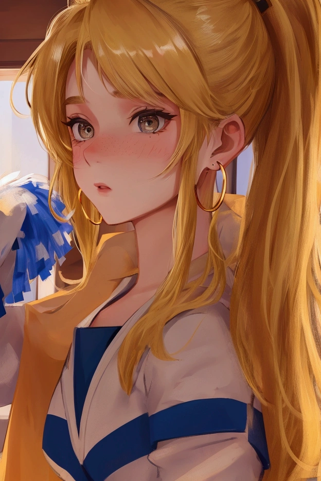 1girl, cheerleader uniform, blonde hair, ponytail, , sarcastic expression, rosy cheeks, hoop earrings,