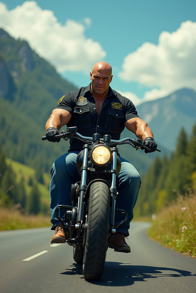 Big giant body builder bald white men wearing black black denim shirt with logos in beautiful valley on heavy motor bike