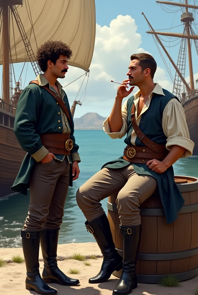 Draw two Russian sailors in the genre of realism, 18th century in the port of Chile. They are standing together near the ship and discussing something.. Give one of them a big mustache and curly short hair.. The second one is clean shaven and has sideburns., sits on a barrel and smokes a cigarette. Draw clothes typical for the 18th century, Add a pair of classic black knee-high boots to your feet. Hairstyles too. Draw the picture horizontally, add a ship to the background.