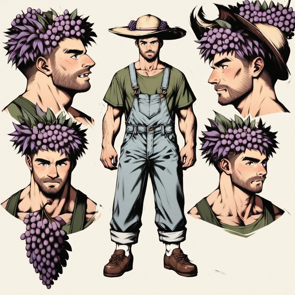 score_9, score_8_up, score_7_up, score_6_up, score_5_up, score_4_up, BREAK source_anime, character sheet, circle eyes, grape, men, fang, man, 8k, super detail, best quality, overalls, green blouse, grape man, manly, muscular, hat, character sheet, detailed face, best quality, character design, A-style