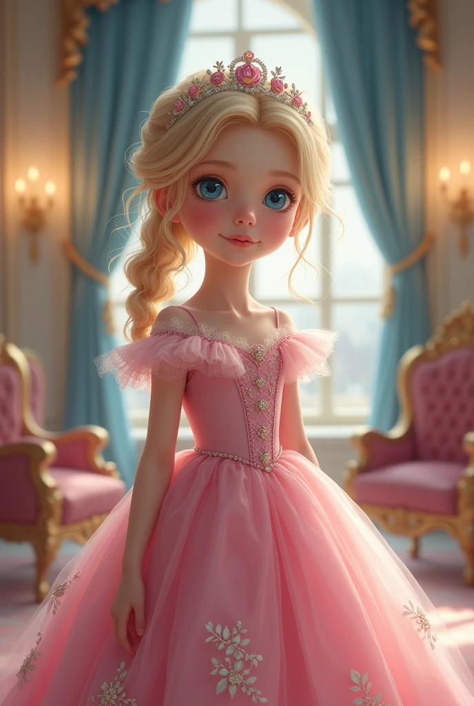 a 10-year-old little blonde girl with light blue eyes in a long pink princess dress in a room