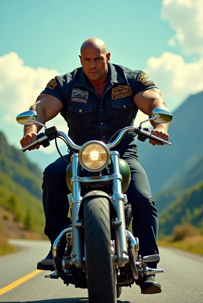 Big giant body builder bald white men wearing black black denim shirt with logos in beautiful valley on heavy motor bike 