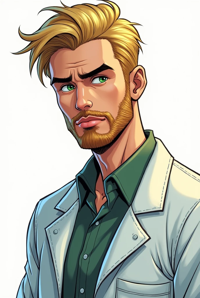 20 year old college man with short blond beard looking doubtful, with golden green eyes wearing a lab coat the image in the form of dc comics art without a background