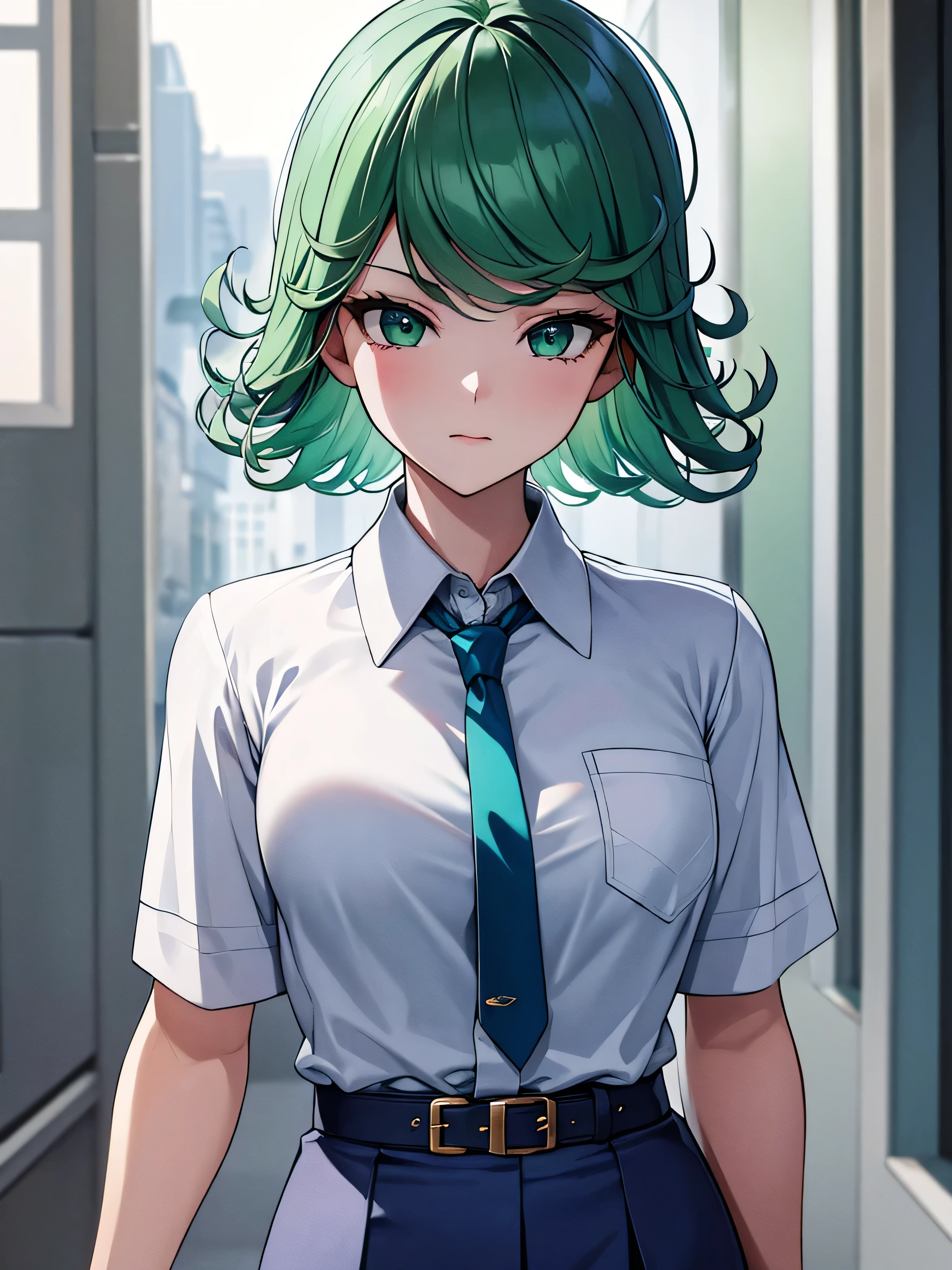 (high res, 8K, masterpiece, looking at viewer, best quality, very aesthetic, ultra detailed, ultra background, ultra Eyes) intricate details, 1girl, Tatsumaki, short sleeved white shirt, Light Blue Gray short skirt, Pockets on the left chest, Blue Gray tie, Wearing a belt, green short hair, green eyes, Normal Face, Background School Hallway, Cinematic Angle