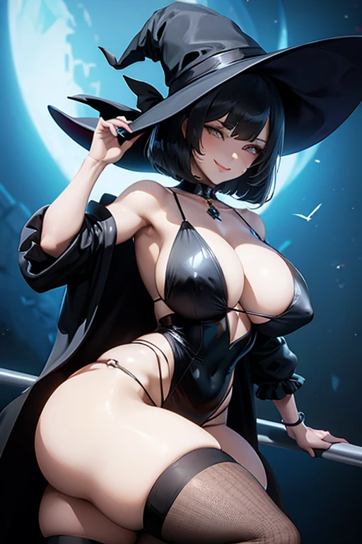 witch, sexy pose, big breasts, black sexy dress, black air, black witch, bob haircut, smile, mature woman
