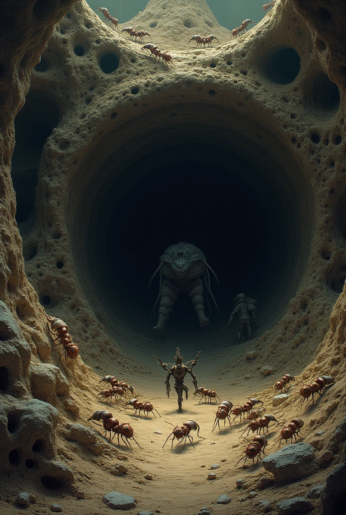 An anthill with worker ants being exploited by others.
