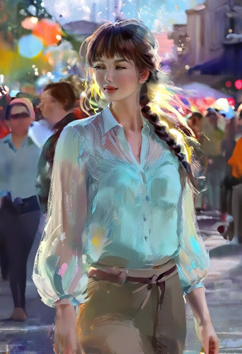 Painting, water color, paint strokes, muted colors, best quality, photorealistic, 1girl, woman,(skindentation), medium breast, (bright), (professional lighting, bokeh), (street), people, crowds, braided bangs, (blouse:1.5), (portait:0.8), gorgeous, bloom, floating hair, (dynamic pose:0.6) , soft lighting,