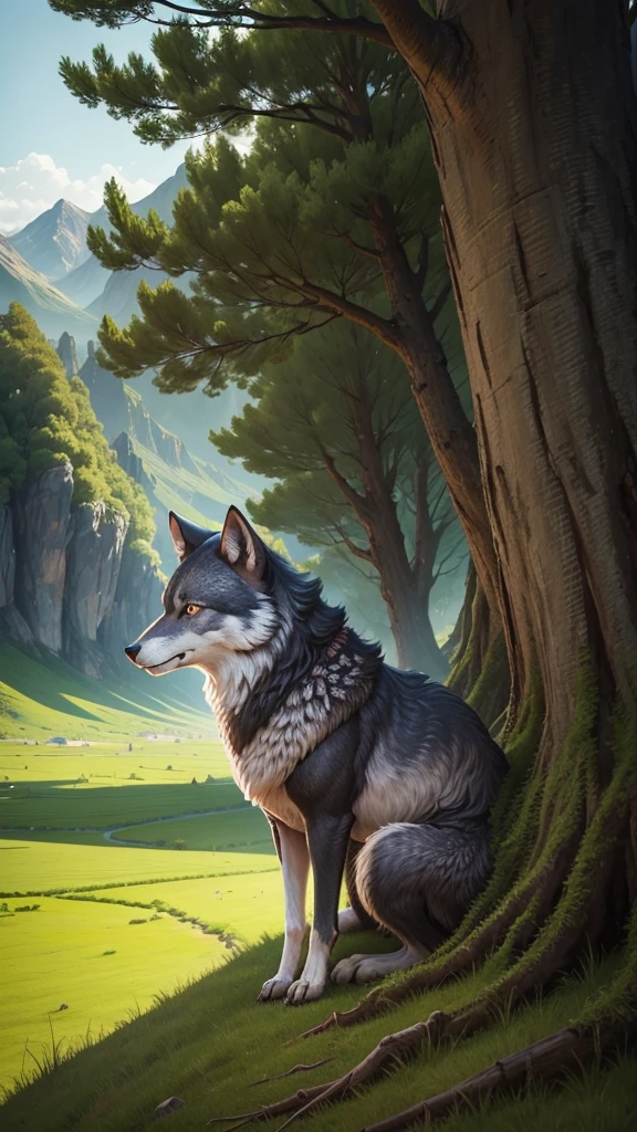 A cruel wolf in the green valley hide behind of trees for hunting sheeps