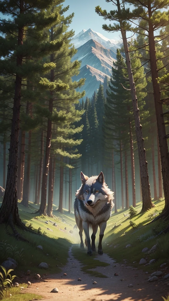 A cruel wolf in the green valley hide behind of trees for hunting sheeps