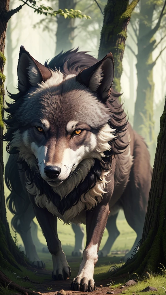 A cruel wolf in the green valley hide behind of trees for hunting sheeps