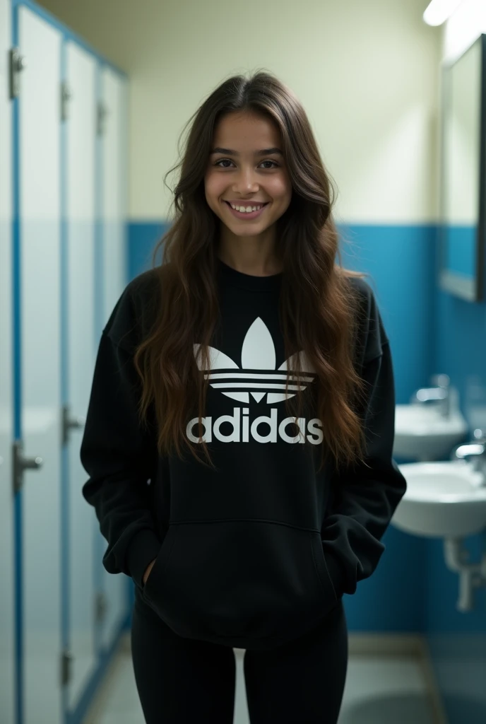 ((Photorealistic, Ultra HD, 8K, Highest Quality)) A beautiful young Brazilian girl, 18 years old, in a school bathroom, smiling shyly with her hands in the pocket of her Adidas black sweatshirt. She has long, dark brown hair down to her hips, black eyes, and a beautiful smile. She is wearing black leggings in addition to the sweatshirt. (Photo from the thighs up). The bathroom has a mirror on the right side of the girl, the walls are white to blue, and on the left side of her there are three white closed bathroom stalls.