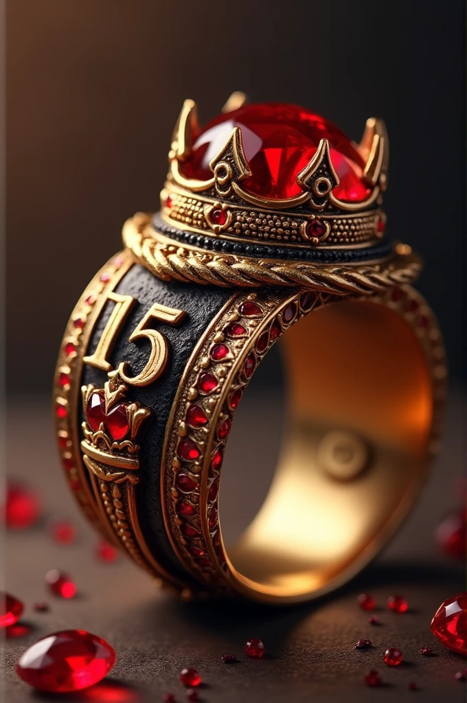 A fifteenth birthday ring , that has a crown , red stones, the number 15 and that it is a thick ring