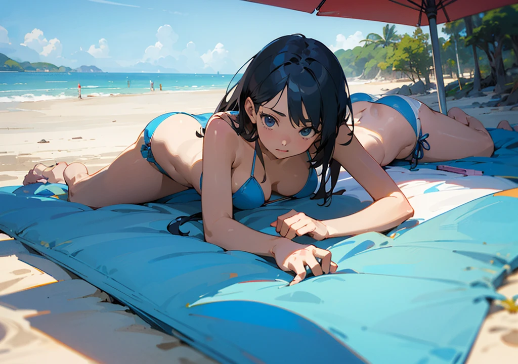 (photorealism:1.2), LOFI Girl in bikini on a beach, anime manga style illustration design, background in nature, laying on the beach looking at sky