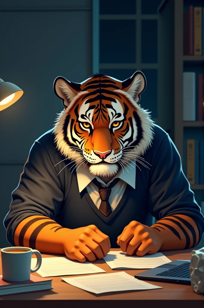 Create a college tiger studying at night, with his face of concern and sadness 
