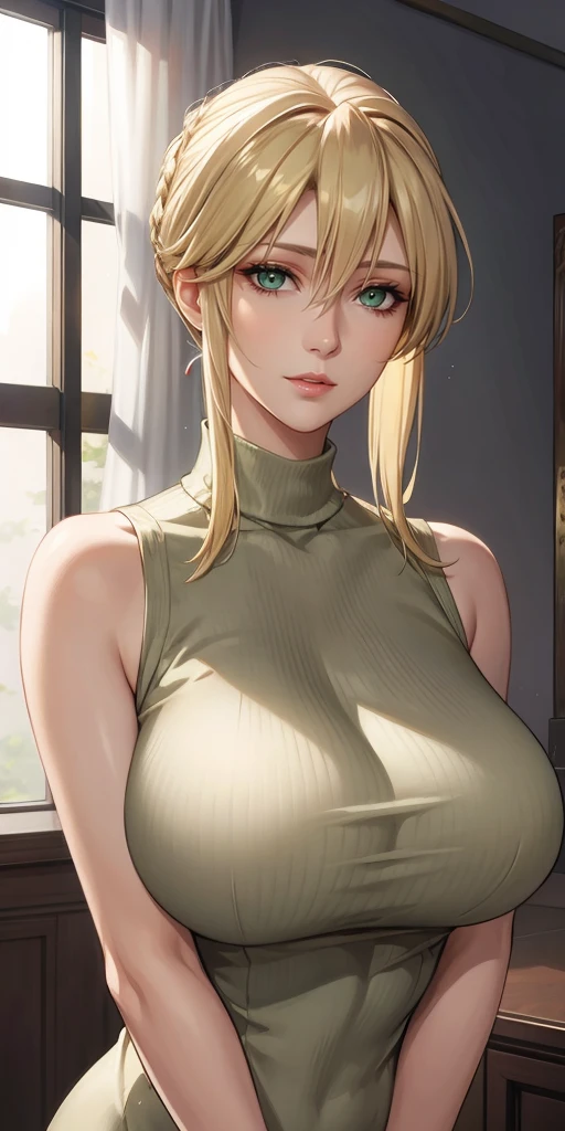 Elegant mature female, artoria pendragon, blonde, green eyes, sleeveless sweater, soft light, high quality, high detailed, 4k resolution, beautiful cg