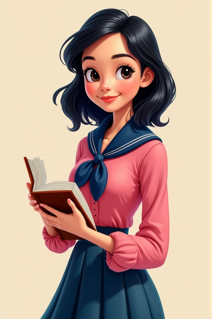 Disney cartoon image of a woman with medium-short black hair, with a navy blue skirt, a pink blouse and a navy blue bandana around her neck and with a book in her hand