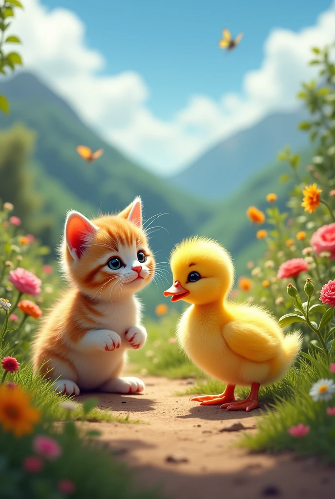 Could you make a picture of a kitten and a duckling in the middle of the world that is in Ecuador please?