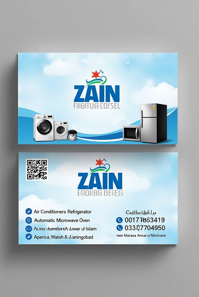 visiting card for my workshop
Name zain Cooling center
number 03017063419
number 2 03337704950
Adrees Near mudrassa Anwar ul islam Minchinabad
use side pic of Ac ,fridge , microwave oven, Automatic washing machine
background blue and white shade