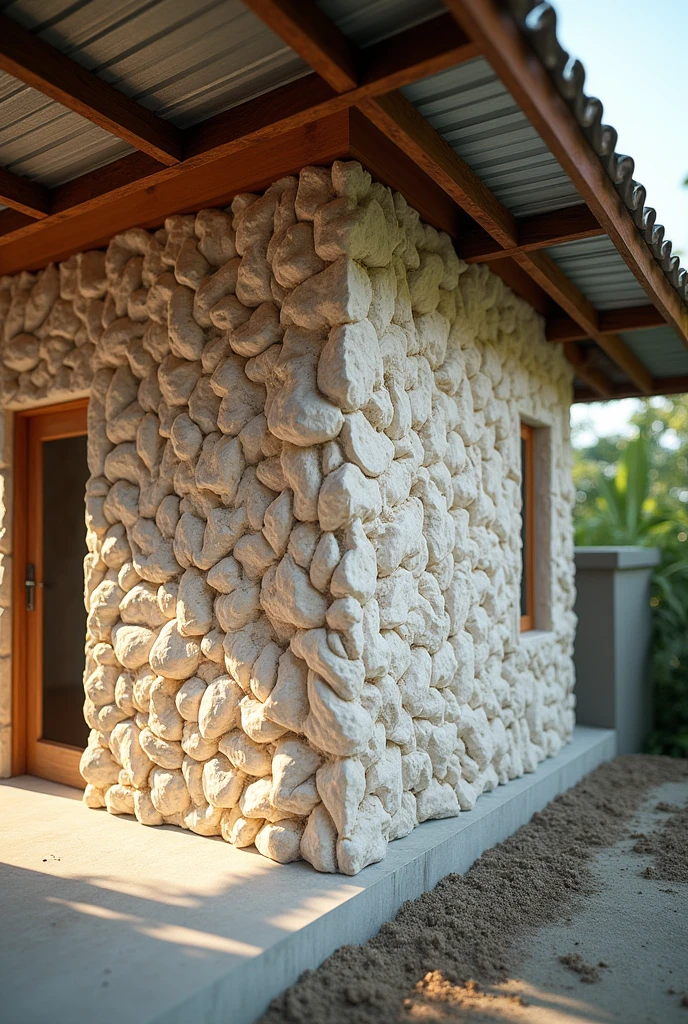 generate an hd realistic 3d wall thermal insulation made out of oyster shells (talaba) from the Philippines. it's an innovation. make it advanced. make the oyster shell more prominent and not thoroughly mixed and compacted. make it a whole image and more advanced equipment. what it looks like when it is used and is functionable. make the house like typical Filipino house where the roof is made out of metal roofing. attach the insulation to the roof or walls to see what it looks like