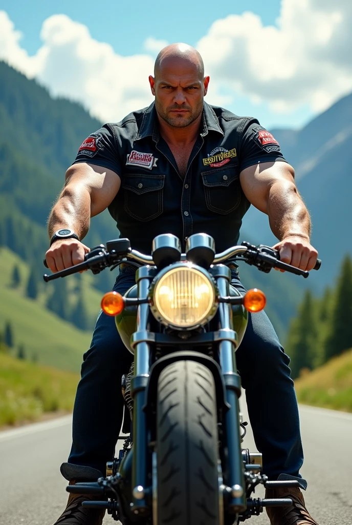 Big giant body builder bald white men wearing black black denim shirt with logos in beautiful valley on heavy motor bike 