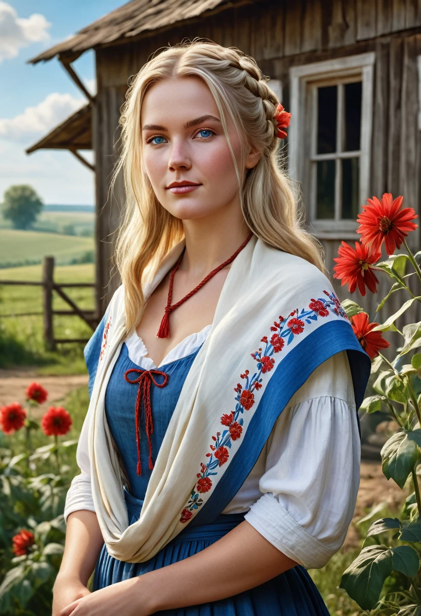 RAW photo of slightly overweight stunning woman (long blonde haircut, tied up, white shawl), Amish community attire, blue, white colors, apron in a red flower print, slight smile, best quality artwork, (Photorealistic: 1.4), Create highly contemplative artwork. Depict a rural landscape in the rustic style of the game's concept art. This artwork should evoke a sense of nostalgia and vibrancy in a fantastical, country setting. Note the intricacies of the details, the sharp focus,hyper realistic, sharp focus, hyper-maximalism,photo-realistic,insanely detailed,unreal engine,HDR,8k