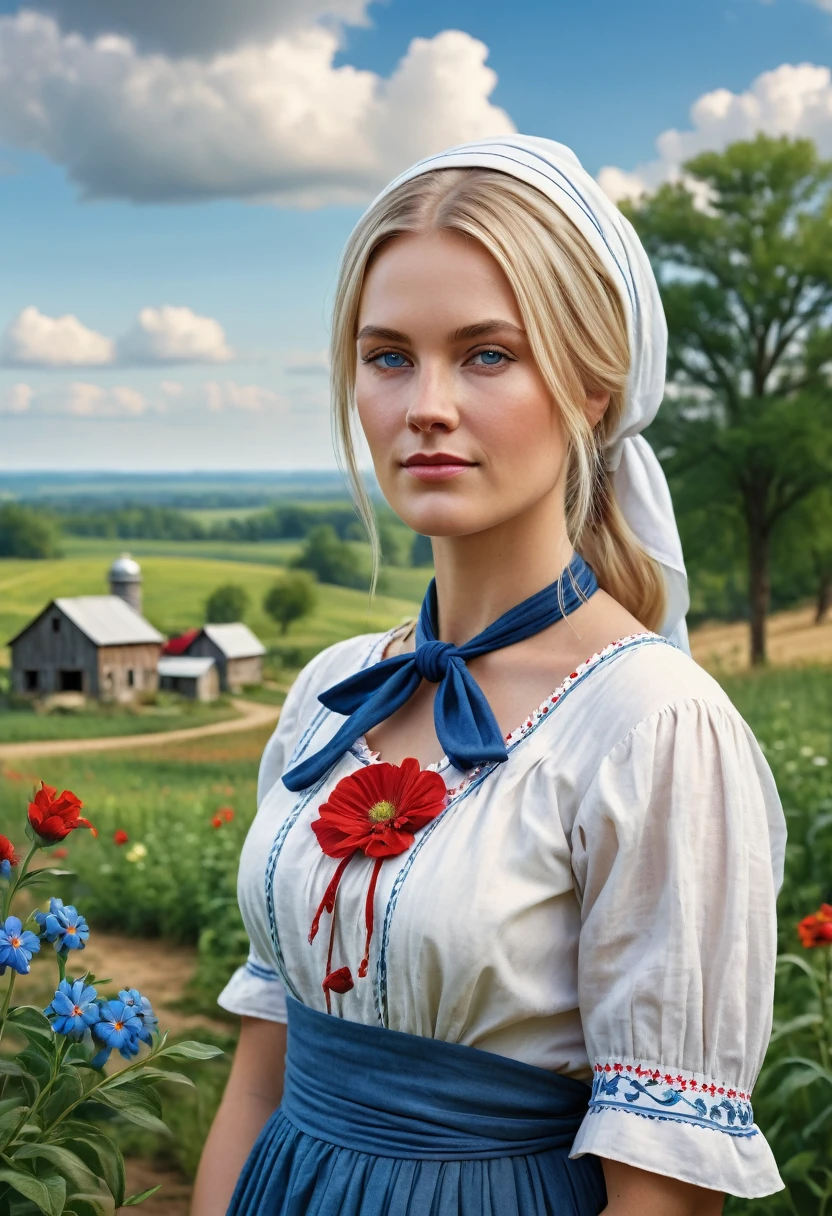 RAW photo of slightly overweight stunning woman (long blonde haircut, tied up, white shawl), Amish community attire, blue, white colors, apron in a red flower print, slight smile, best quality artwork, (Photorealistic: 1.4), Create highly contemplative artwork. Depict a rural landscape in the rustic style of the game's concept art. This artwork should evoke a sense of nostalgia and vibrancy in a fantastical, country setting. Note the intricacies of the details, the sharp focus,hyper realistic, sharp focus, hyper-maximalism,photo-realistic,insanely detailed,unreal engine,HDR,8k