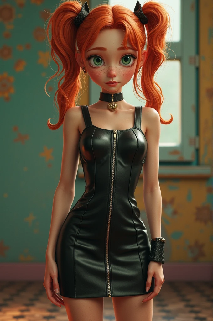 Pippi Longstocking wearing a leather dress.