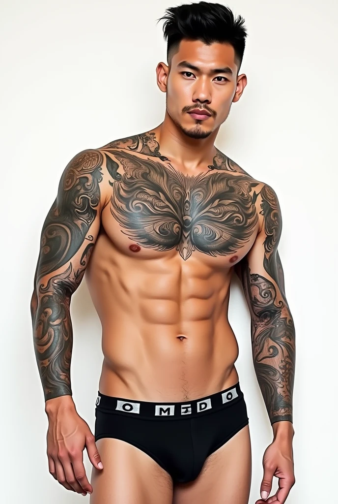 Draw me a handsome, mature Asian man with tattoos covering his chest and shoulders wearing black underwear with white lining showing his big dick Turn your ass over here