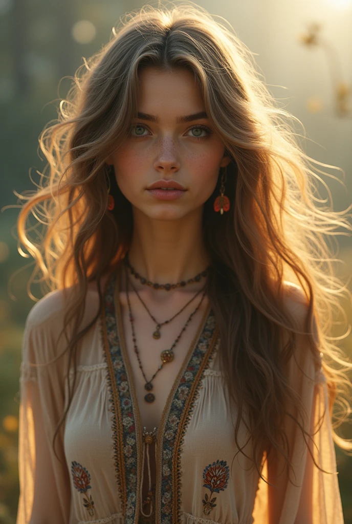 Beautiful girl with wavy long hair, bohemian dress,