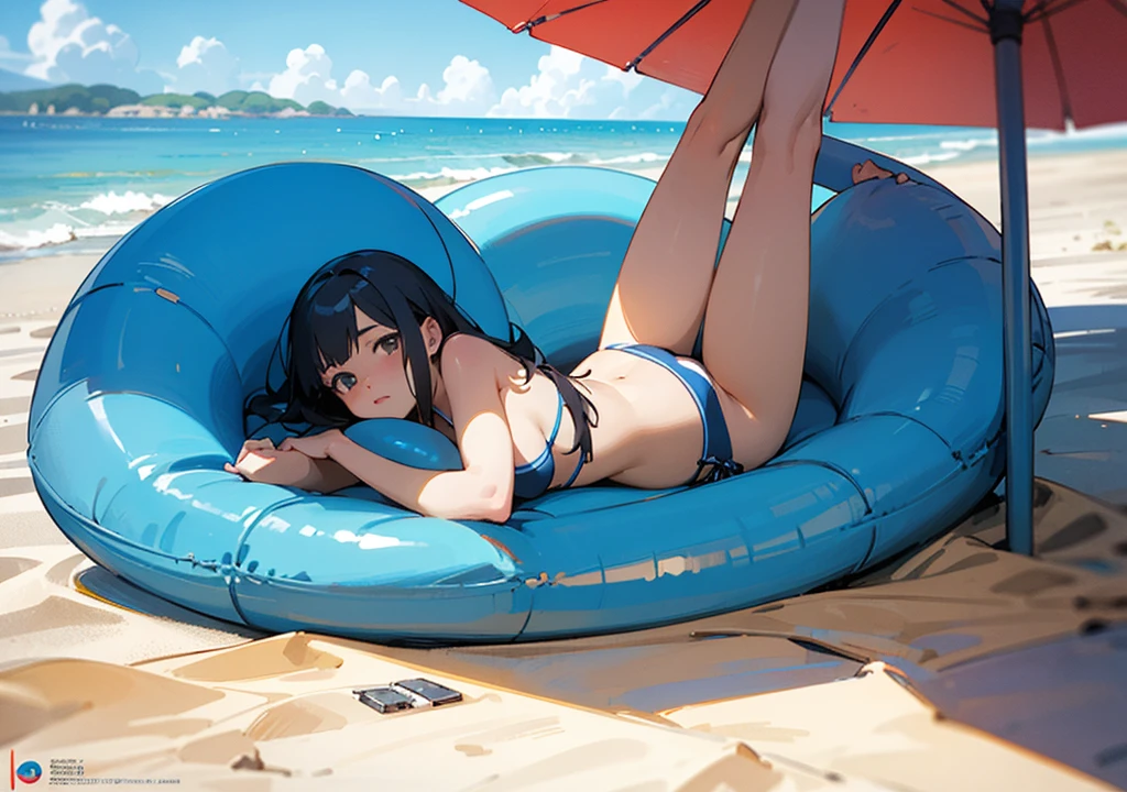 (photorealism:1.2), LOFI Girl in bikini on a beach, anime manga style illustration design, background in nature, laying on the beach looking at sky