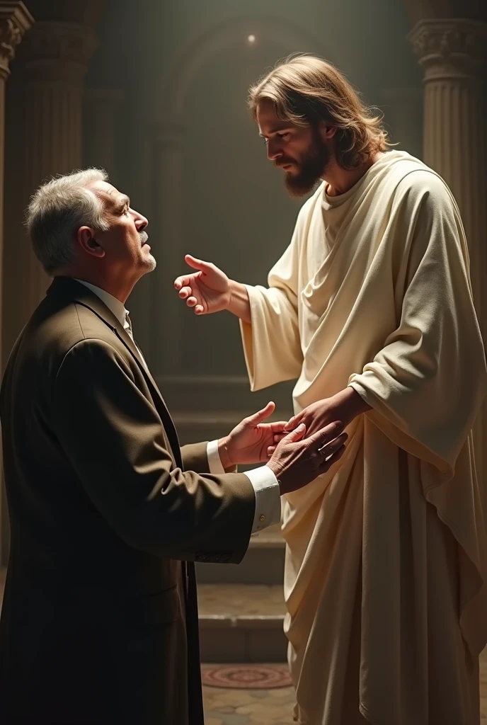 Evangelical pastor, prions, for a sick person, with Jesus ,who puts him, hand on shoulder