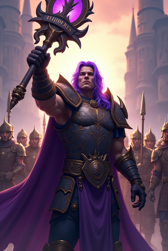 A purple haired man, leader of a guild, holding the word Plunderes and behind him his army of warriors.