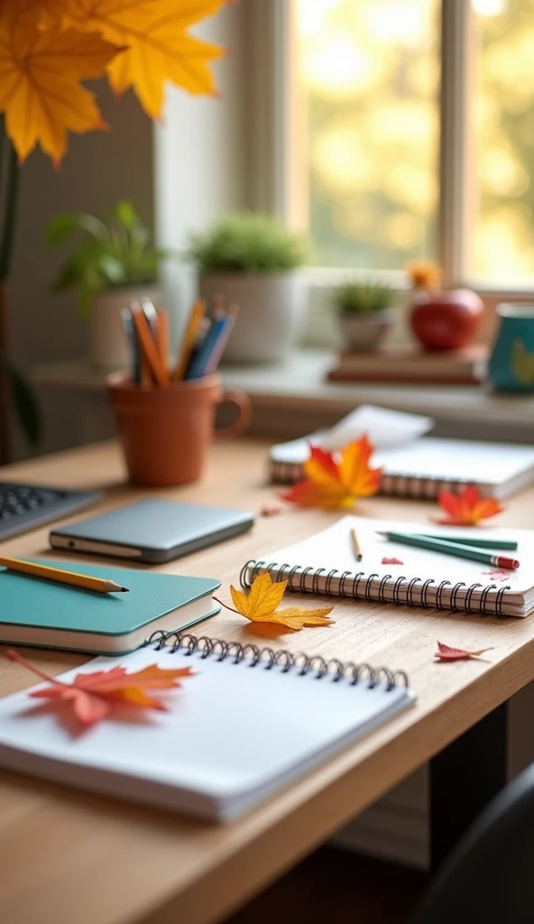 A neatly arranged school desk with fresh flowers, notebooks, pencils, and autumn leaves scattered around, symbolizing the start of the school year, all set on a bright background with soft natural lighting