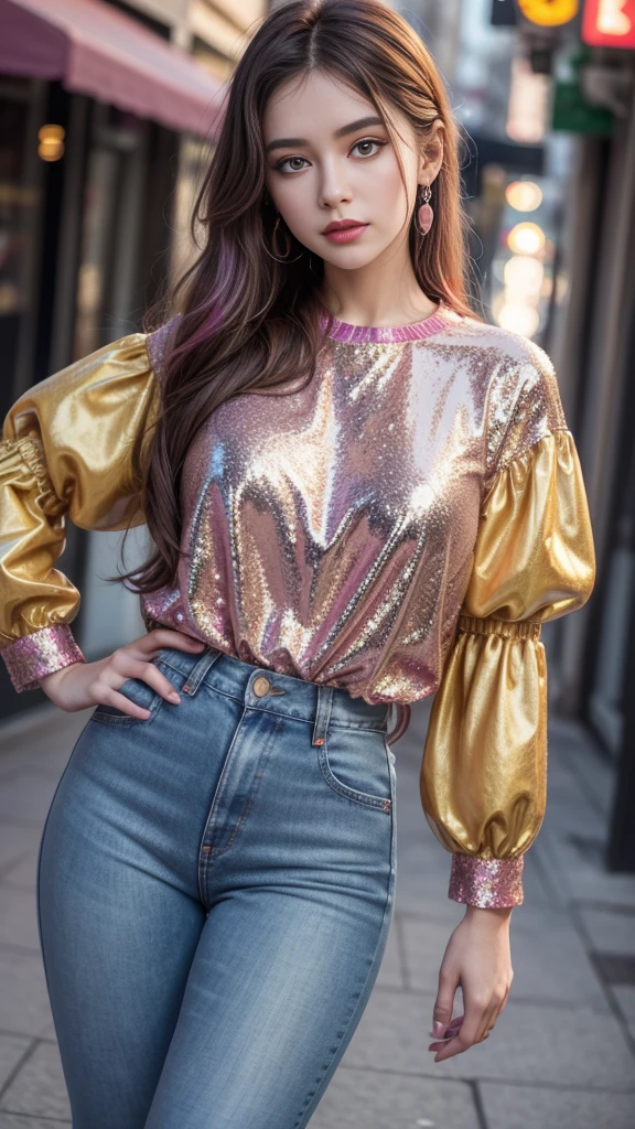 Best quality 8k Young woman, ultra realistic retro style, with 80s dress clothes pieces with many colors, SPARKLES, Sequins, puffy sleeves, pochetes, leggings and lots of style.with vibrant colors like orange, Unripe, rot, purple, pink and blue, jeans, shine and textures.
Typical 80's scenario This one centers in the middle.