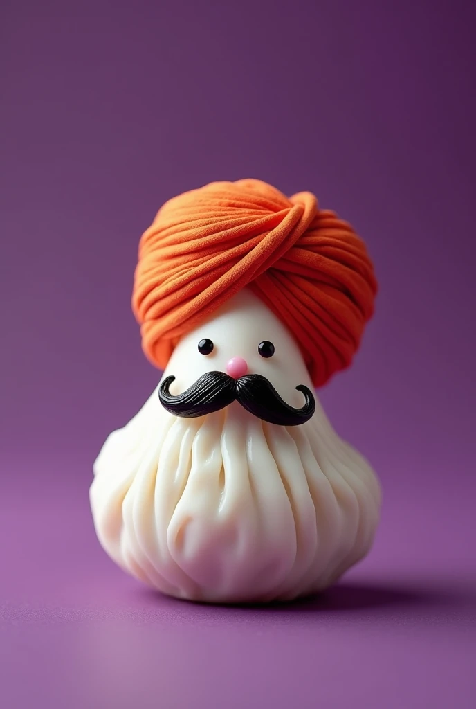 Veg Momo in white colour with punjabi turban and that have mustache in purple background