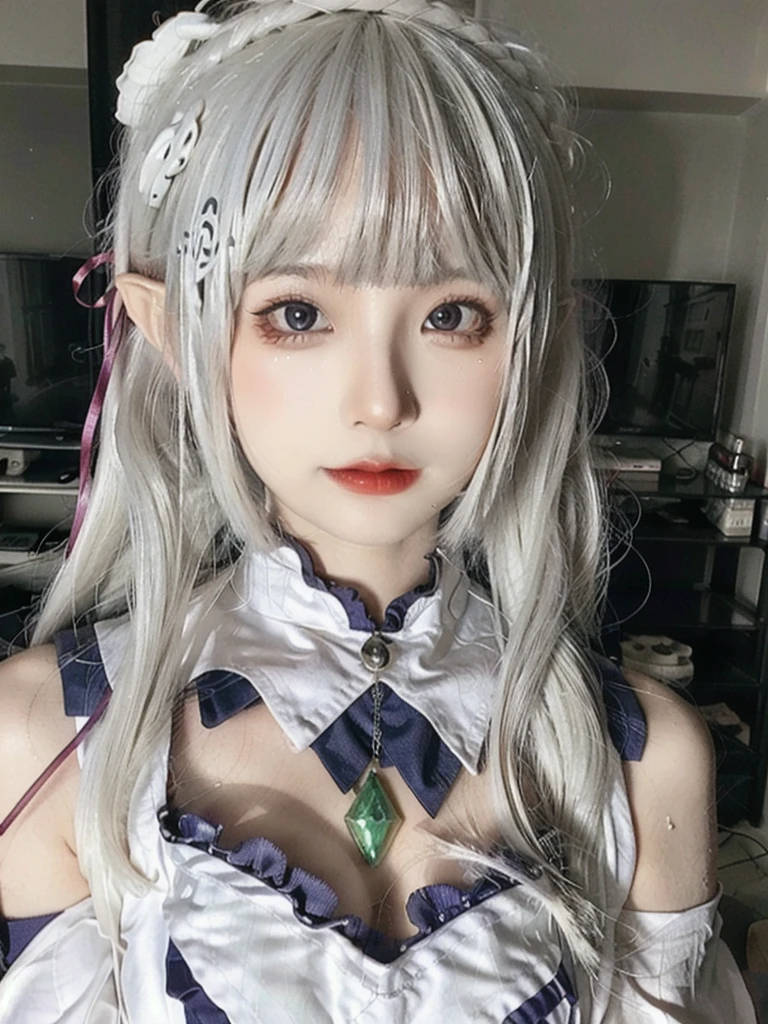 ulzzang-6500-v1.1,(raw photo:1.2),((photorealistic:1.4))best quality ,masterpiece, illustration, an extremely delicate and beautiful, extremely detailed ,CG ,unity ,8k wallpaper, finely detail, best quality,extremely detailed CG unity 8k wallpaper,absurdres, incredibly absurdres, big breats,sexy body,huge filesize, ultra-detailed, highres, extremely detailed,beautiful detailed girl, extremely detailed eyes and face, beautiful detailed eyes,light on face,cinematic lighting,1girl,(full body),(full-body shot),looking at viewer,outdoors, silver_hair, pointy_ears, purple_eyes, hair_ornament, hair_ribbon, lips