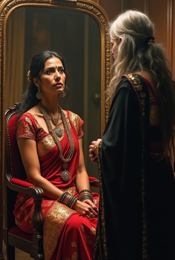 Image of beautiful, mid age, powerful, rich , Ambitious, indian queen , sitting in room in front og mirror , talking to her very old in age And very poor wicked female maid wering black saree, long hair. Not that intimate, maid is Posioning the queen with words. Queen is in anger. No jewellery with female maid, maid standing in prostration
