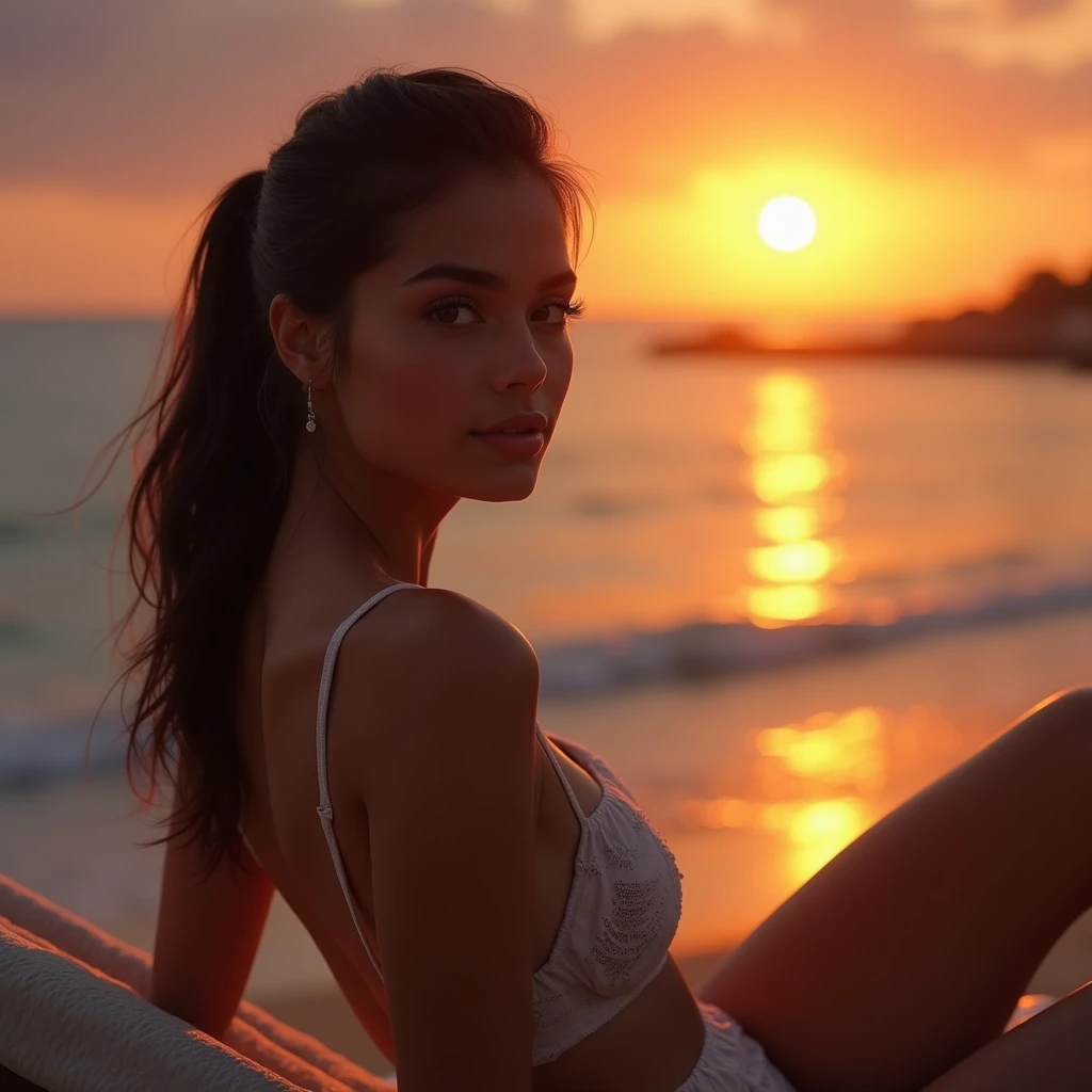 (((masterpiece))),(((best quality))), Carmella Diaz, Slim and toned brunette Spanish photographer 18 years old, huge breasts, College Girls, tanned skin, loose ponytail, soft face, sporty, darkness, neckline underboob, SPIRIT, best quality, High resolution, masterpiece: 1.3), masterpiece, Perfect slim body, big huge chest, big beautiful eyes, gentle smile, beautiful design, rustic, very beautiful elegant style, beautiful masterpiece, fine details, wear beautiful clothes, illumination, bright colors, clean lines, ((detailed facial features)), (finely detailed skin), tanned skin, realistic skin texture, Extreme Hautdetails, masterpiece in bester Qualität, photorealestic, hyper-realistic, detailed, 8k, HDR, (Soft color: 1.2), shallow depth of field, broad light, high contrast, Contre-Jour, blooming, light flashing, chromatic aberration, keen focus, RAW color photo, no background blur, ((no piercings)), she is lying on a sun lounger on the beach in the evening, she is watching a beautiful sunset over the water, full body