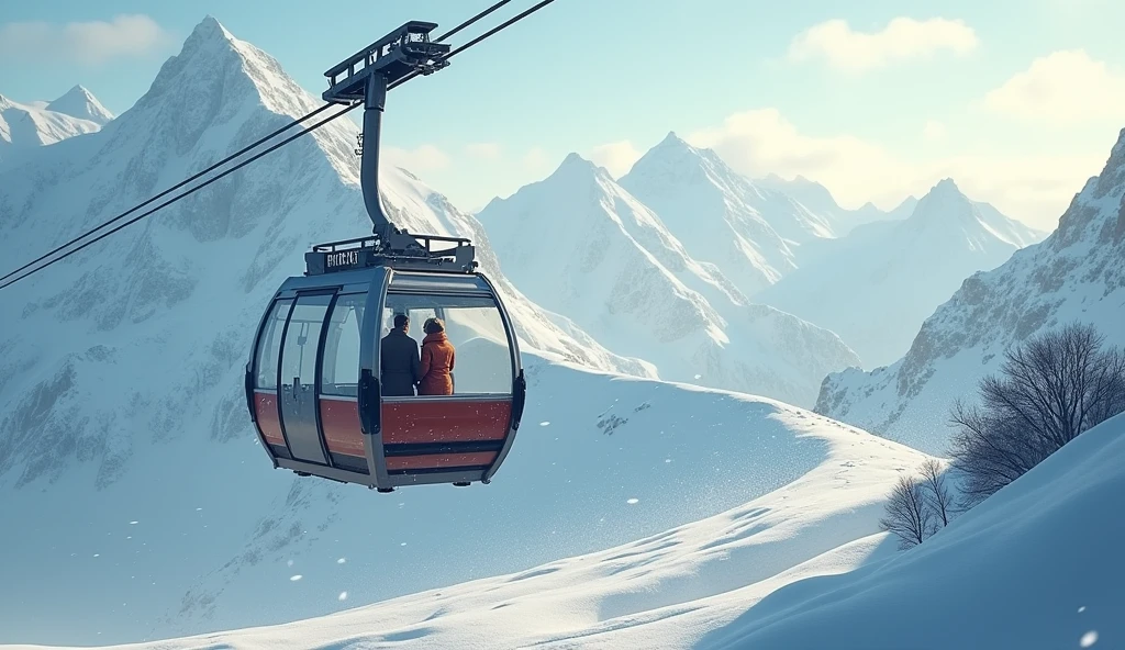 A couple climbing a snowy mountain in a cable car 