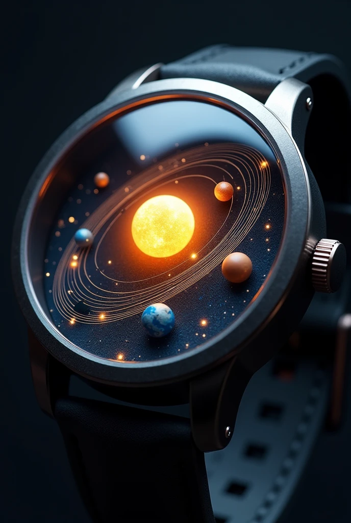 **1. Watch Face:

Solar System Layout: The watch face displays a miniature, realistic solar system. Planets orbit the Sun in real-time, with their positions accurately reflecting their actual locations in space.
Floating Mechanism: The planets appear to float above the watch face, using advanced 3D technology or holographic projections to create a sense of depth and realism.
Sun: The Sun is located at the center of the watch face, emitting a soft, golden glow. It represents the central point of time and space in this design.
Orbit Rings: The orbits of the planets are subtly marked with thin lines, indicating their paths around the Sun. These can also function as hour markers.
**2. Time Display:

Earth Time: The Earth is positioned at the 12 o’clock position, and its rotation indicates the hour and minute, with a subtle glowing trail marking the passing minutes.
Space-Time Indicator: A smaller sub-dial or digital display shows space-time, potentially using a logarithmic or exponential scale to represent the vastness of space-time compared to Earth time.
**3. Materials:

Crystal Dome: A sapphire crystal dome covers the watch face, enhancing the three-dimensional effect and allowing the planets to appear as if they’re floating in space.
Luminous Details: The planets and orbit lines could be coated with a luminescent material to glow in the dark, enhancing the celestial theme.
**4. Strap and Case:

Space-Inspired Design: The strap and case are made from titanium or carbon fiber, with a design that mimics the textures and colors of outer space, possibly with subtle starry patterns.
**5. Functionality:

Synced Movements: The watch is synchronized with actual astronomical data, ensuring that the positions of the planets and the passage of Earth time are accurate.
Digital Interface: A digital interface could be embedded within the watch, allowing users to switch between viewing Earth time and space-time, as well as other astronomical data.