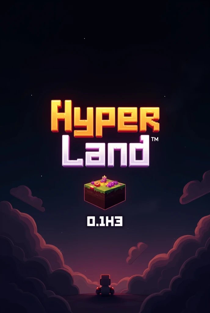 A minecraft themed logo called HYPERLAND, the HYPER in orange and the LAND in white that are together below HYPERLAND a light blue that says 0.14.3 in the air and the text in pixels the sky in black and around purple and below a Survival map