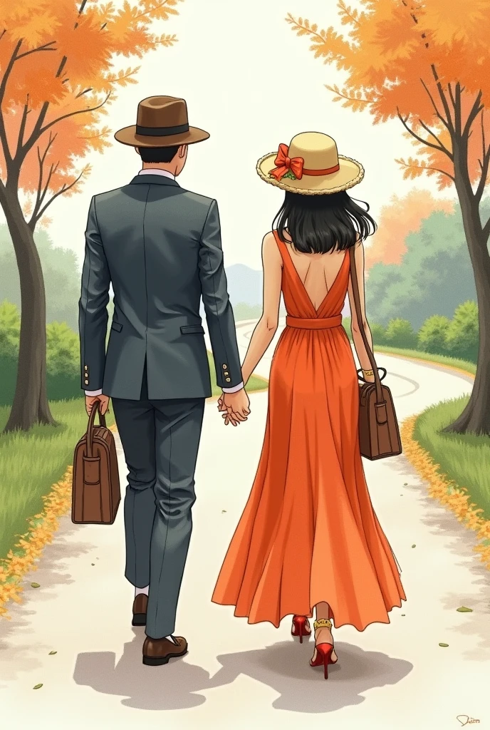 Drawing of a couple from behind walking along a beautiful road. The woman is wearing a very decent, conservative and colorful gode dress., without leaving the body exposed hat with bow on the head, medium hair and side bag. The man is wearing formal clothes and a hat and has a bag on his side.. They are holding hands