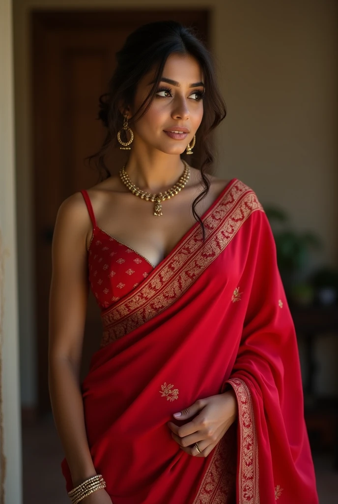 Hot indian women in red saree without bra and blouse topless tits nude