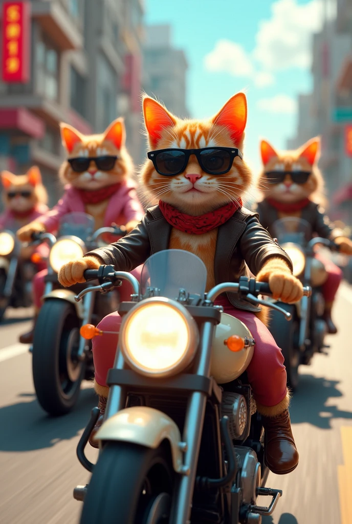 Five female cats wearing sunglasses on five motorcycles