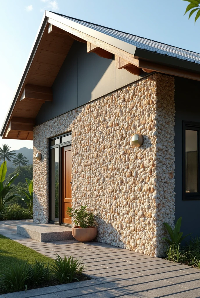 generate an hd realistic 3d wall thermal insulation made out of oyster shells (talaba) from the Philippines. it's an innovation. make it advanced. make the oyster shell more prominent and not thoroughly mixed and compacted. make it a whole image and more advanced equipment. what it looks like when it is used and is functionable. make the house like typical Filipino house where the roof is made out of metal roofing. attach the insulation to the roof or walls to see what it looks like. don't put it through out the house. make the equipment or insulation stand out more
it is made out of oyster shells