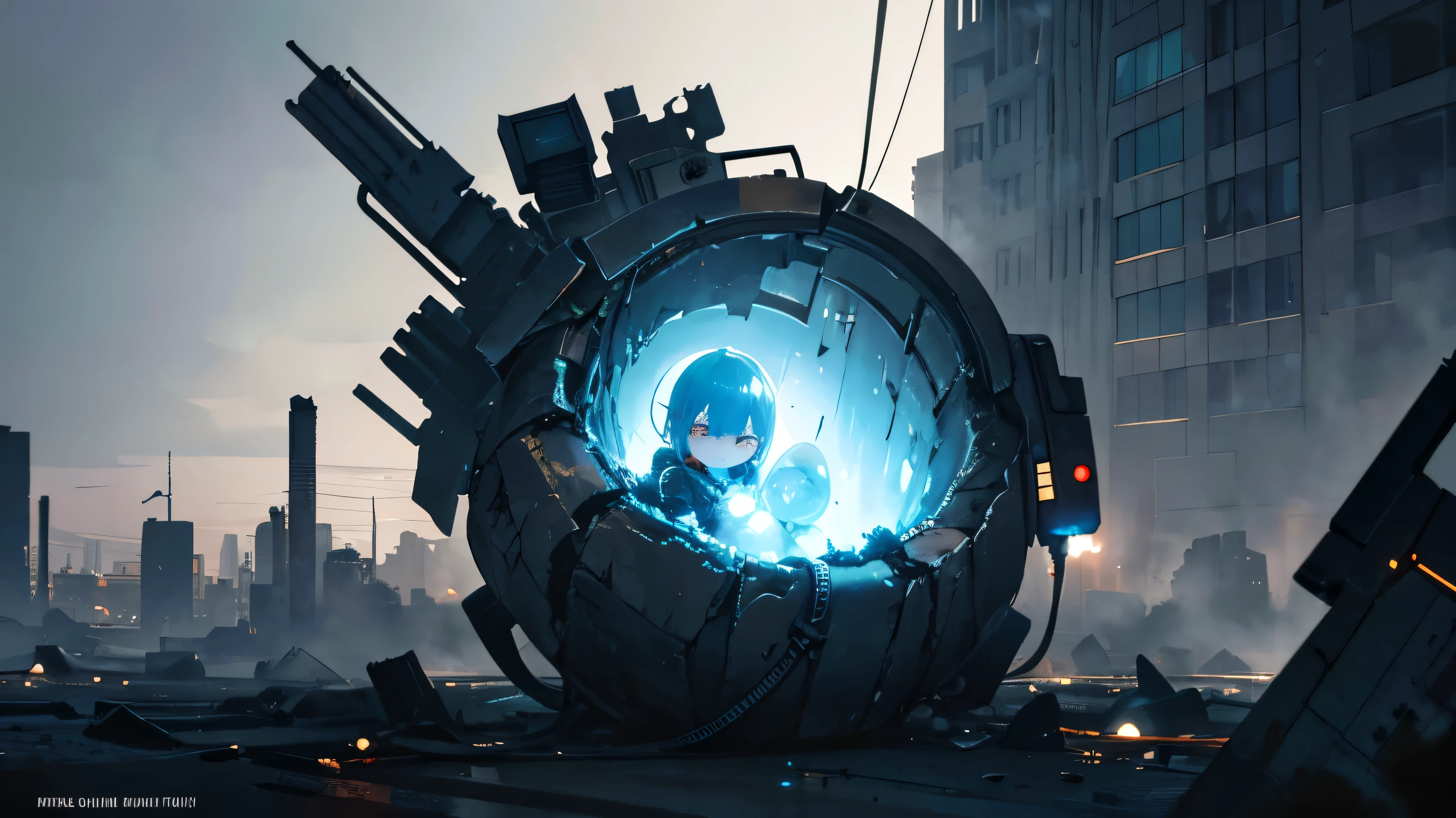Generate a hyperrealistic image of a baby emerging from a cybernetic egg in a post-apocalyptic city. The baby, with a bluish tone and large eyes, is poking half of its body out of the egg, with a frightened expression and about to cry. The egg is broken and has a futuristic design with wires and circuits. In the background, a ruined city can be seen, with collapsed buildings, fire, smoke, and red flickering lights in the darkness. Emphasize the chaos and despair in the environment. The focus should be on the baby and the egg, using a close-up perspective and dim lighting that highlights the scene with precise details. The image should have a dark and melancholic atmosphere. Render in a "cyberpunk" style with detailed textures.