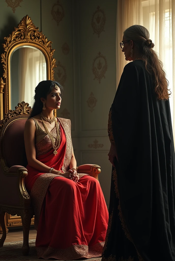 Image of beautiful, mid age, powerful, rich , Ambitious, indian queen , sitting in room in front og mirror , talking to her very old in age And very poor wicked female maid wering black saree, long hair. Not that intimate, maid is Posioning the queen with words. Queen is in anger. No jewellery with female maid, maid standing in prostration