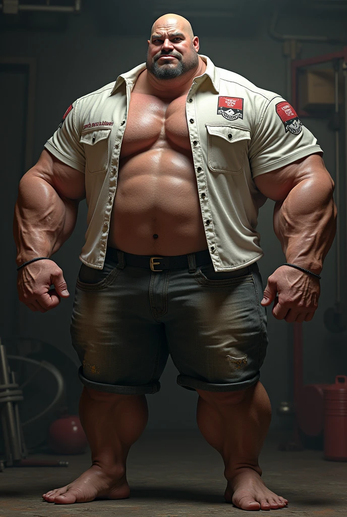 Big giant body builder bald white men wearing unbuttoned double pocket morron shirt with logos in bar